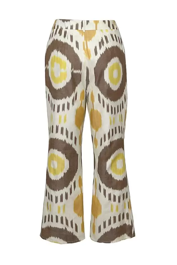Flare Cropped Pants in Ecru/Brown/Yellow Ethnic Cotton Ikat