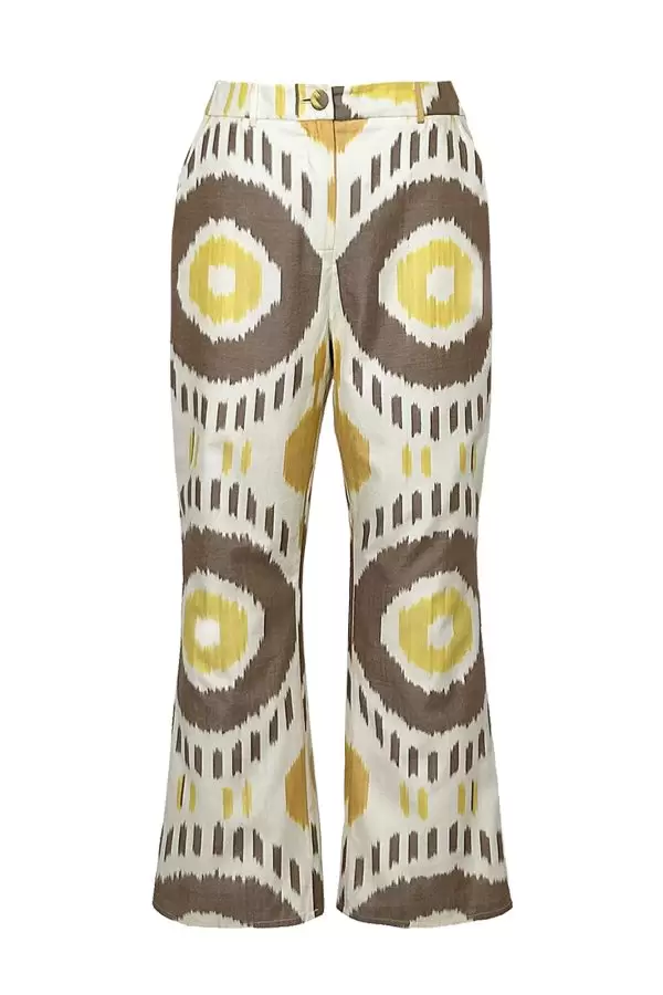 Flare Cropped Pants in Ecru/Brown/Yellow Ethnic Cotton Ikat