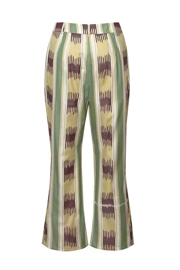Flare Cropped Pants in Mustard/Burgundy/Green Striped Ikat Cotton