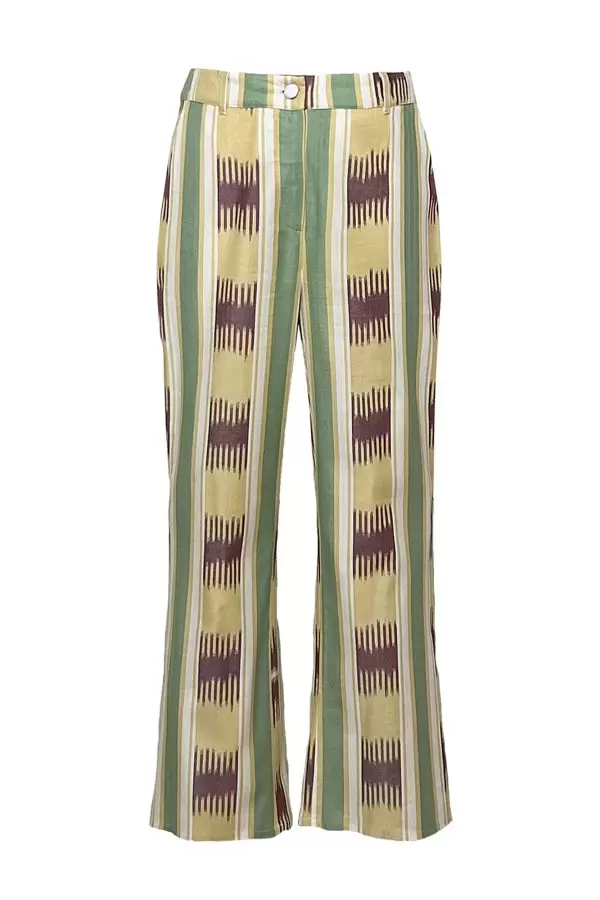 Flare Cropped Pants in Mustard/Burgundy/Green Striped Ikat Cotton