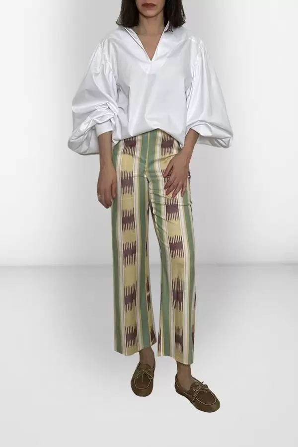 Flare Cropped Pants in Mustard/Burgundy/Green Striped Ikat Cotton