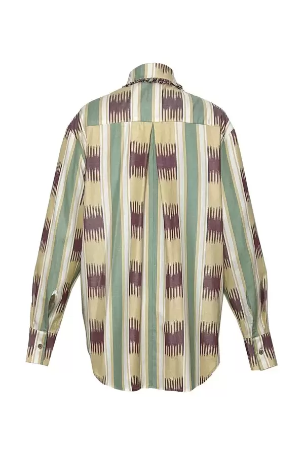 Chic Shirt in Mustard/Burgundy/Green Striped Cotton Ikat