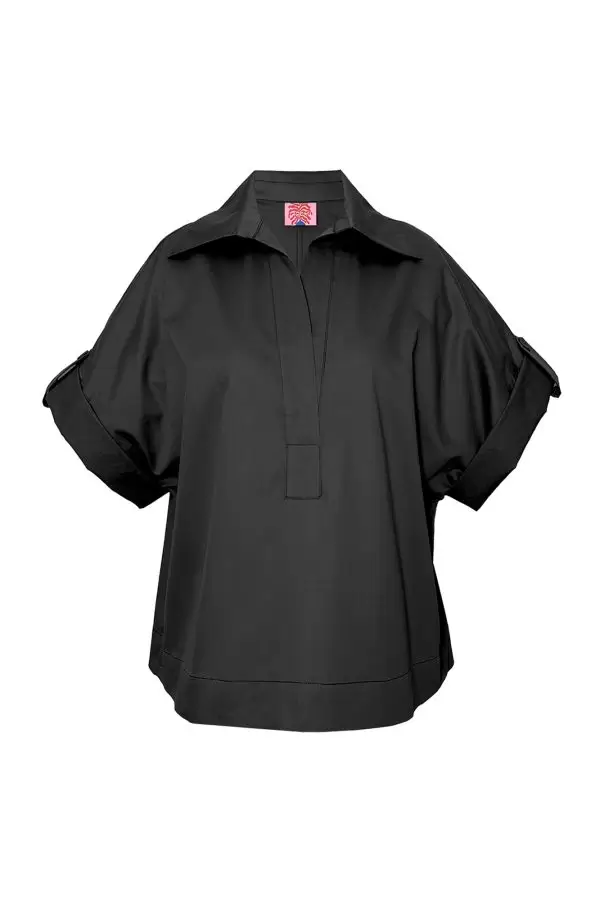 Polo Shirt in Black Poplin