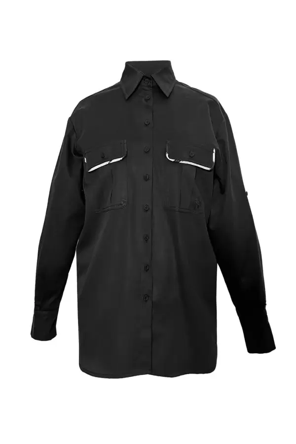 Safari Shirt w Ikat Biais in Black Poplin