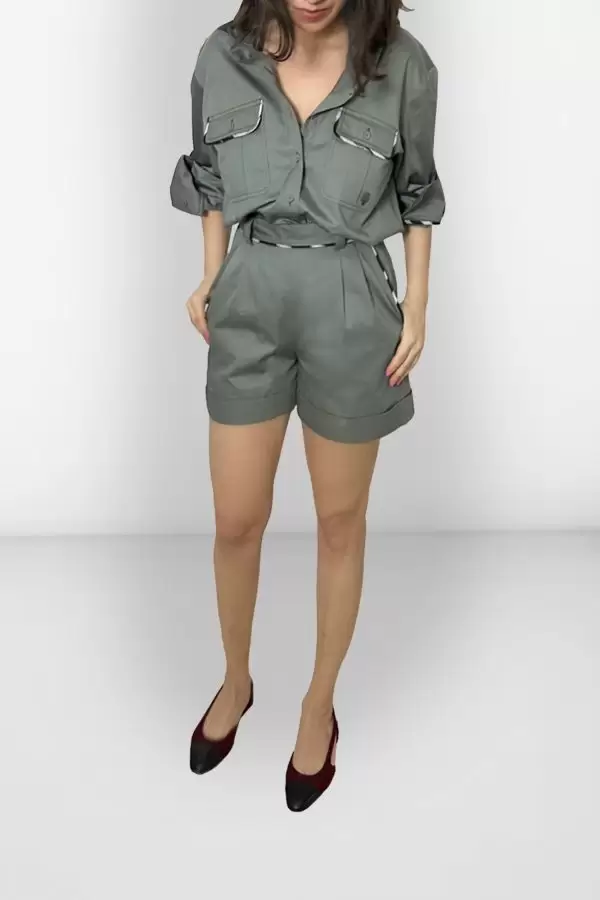 Safari Shirt w Ikat Biais in Khaki Poplin