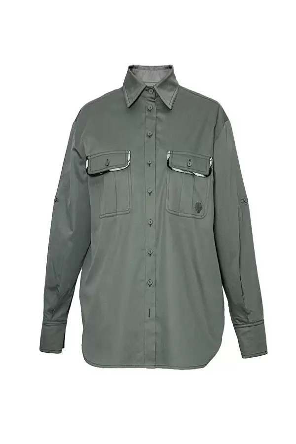 Safari Shirt w Ikat Biais in Khaki Poplin