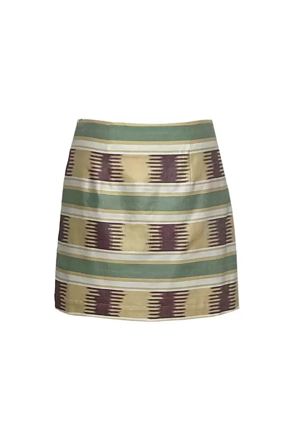 Tiril Skirt in Mustard/Burgundy/Green Striped Ikat Cotton