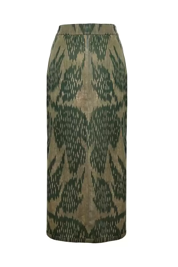Slit Pencil Skirt in Camel/Green Leaf Cotton Ikat