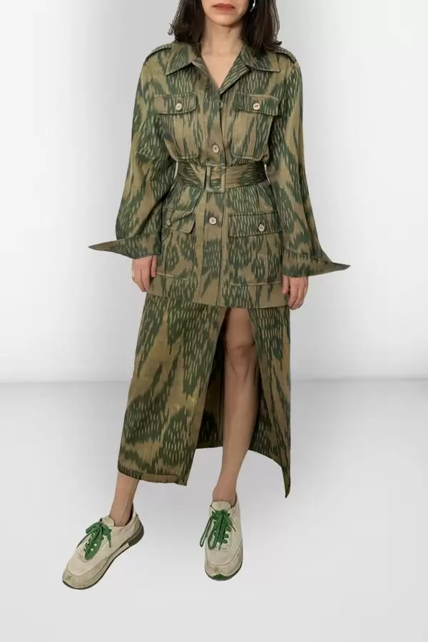 Slit Pencil Skirt in Camel/Green Leaf Cotton Ikat