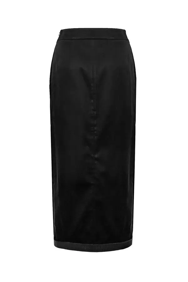Slit Pencil Skirt w Embroidered Frill in Black Poplin
