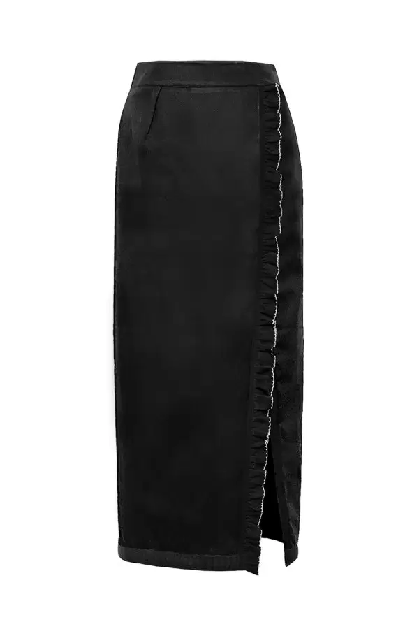 Slit Pencil Skirt w Embroidered Frill in Black Poplin
