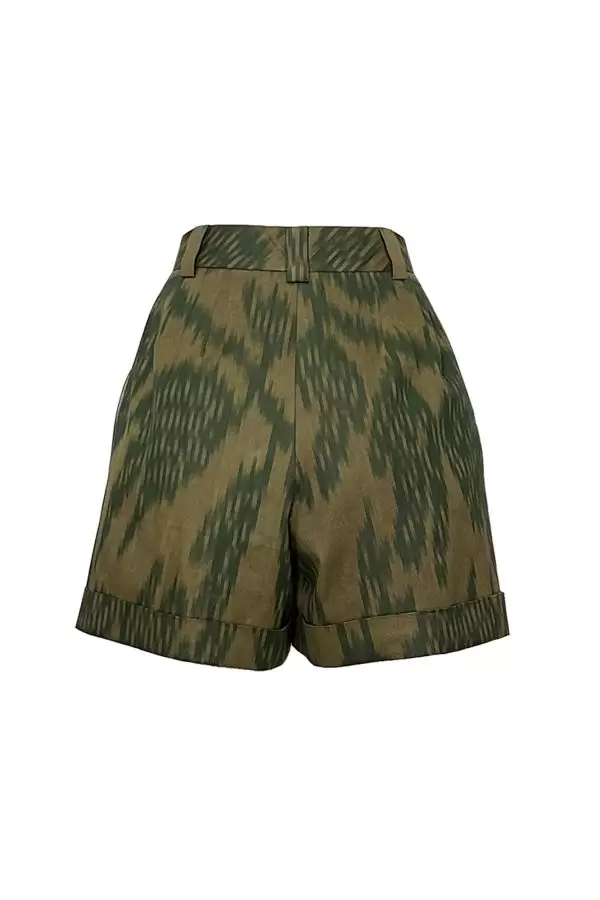 Cesme Short in Camel/Green Leaf Cotton Ikat