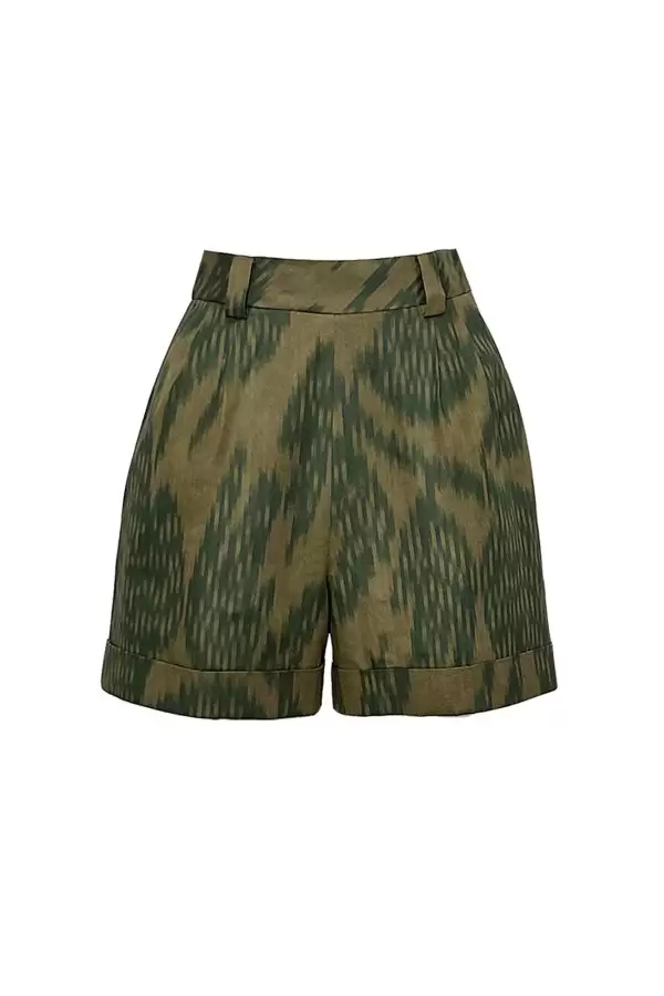 Cesme Short in Camel/Green Leaf Cotton Ikat
