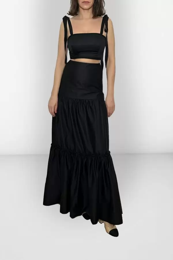 Lokum Top w Grograin Biais & Straps in Black Poplin