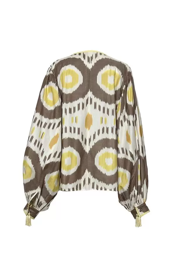 Grand Bazaar Top w Cuff Tassle in Ecru/Brown/Yellow Ethnic Cotton Ikat