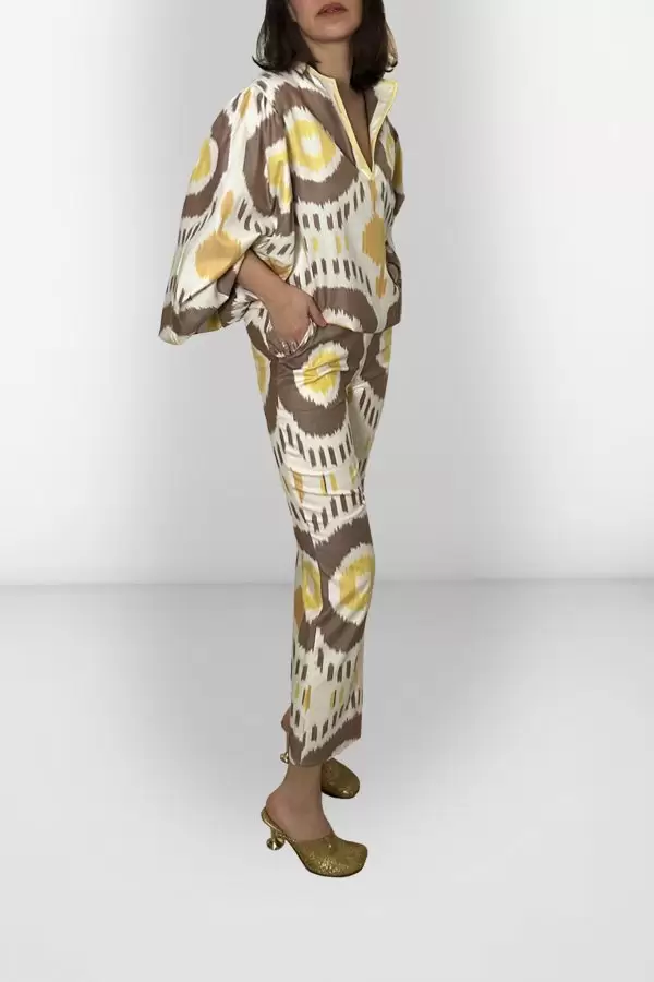 Flare Cropped Pants in Ecru/Brown/Yellow Ethnic Cotton Ikat