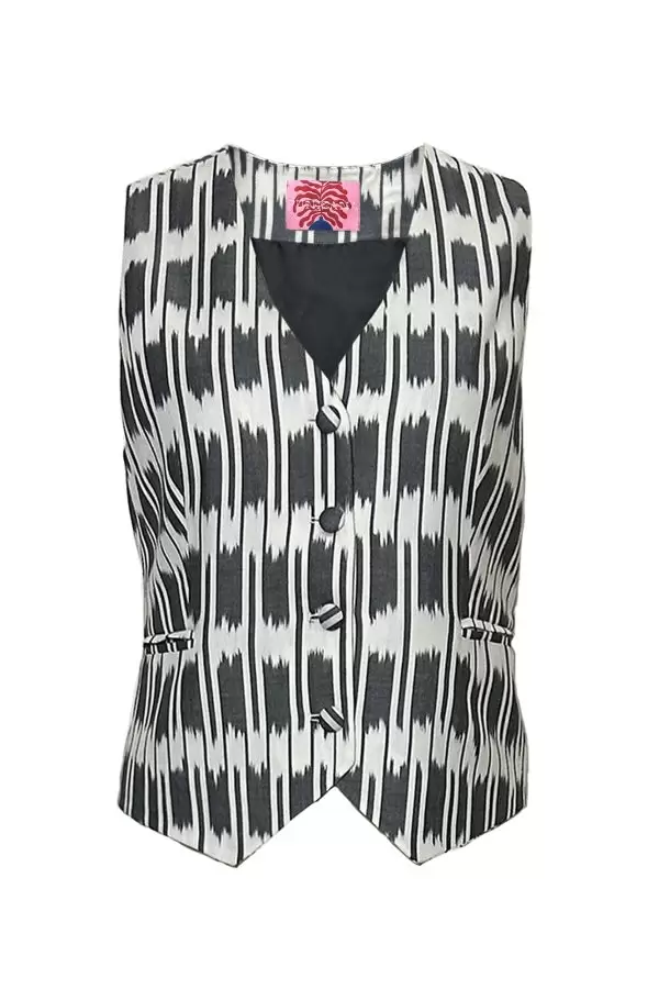 Anatol Vest in Ecru/Black Cotton Ikat