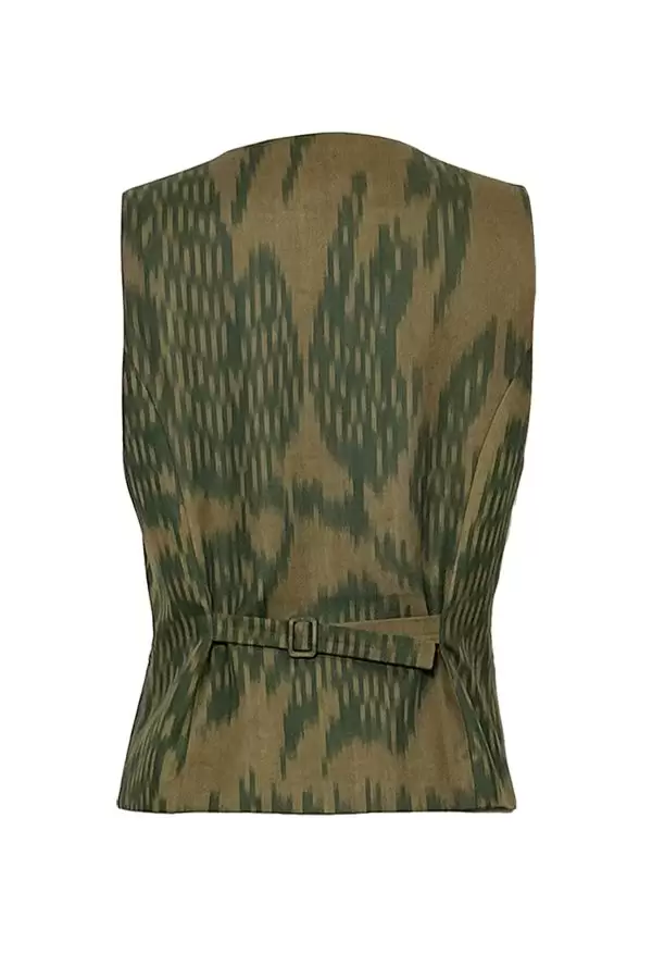 Anatol Vest in Camel/Green Leaf Cotton Ikat