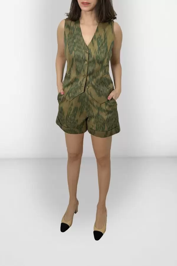 Anatol Vest in Camel/Green Leaf Cotton Ikat